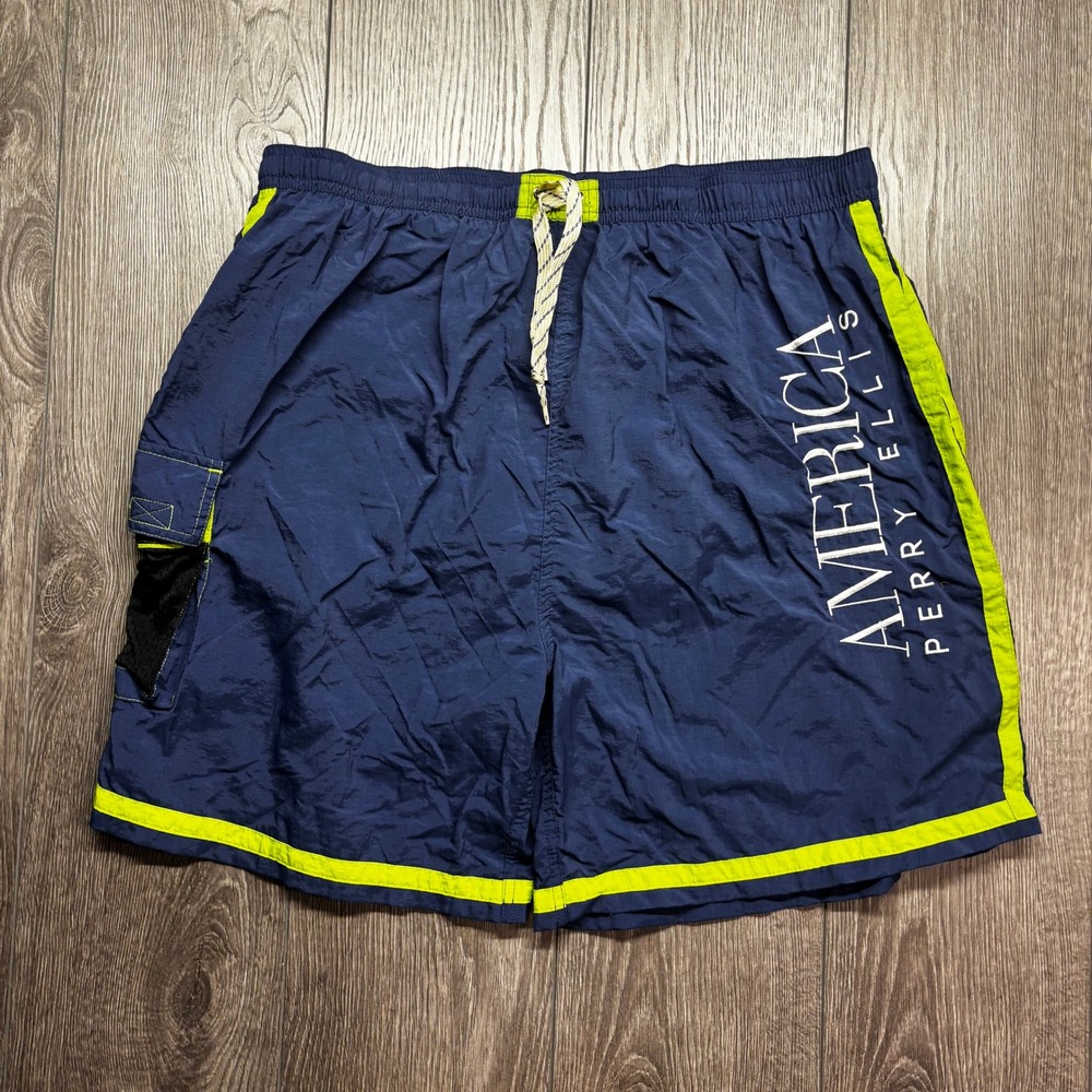 Perry Ellis America Mens XL Swim Trunks Navy Blue Neon Green Vtg Board Shorts